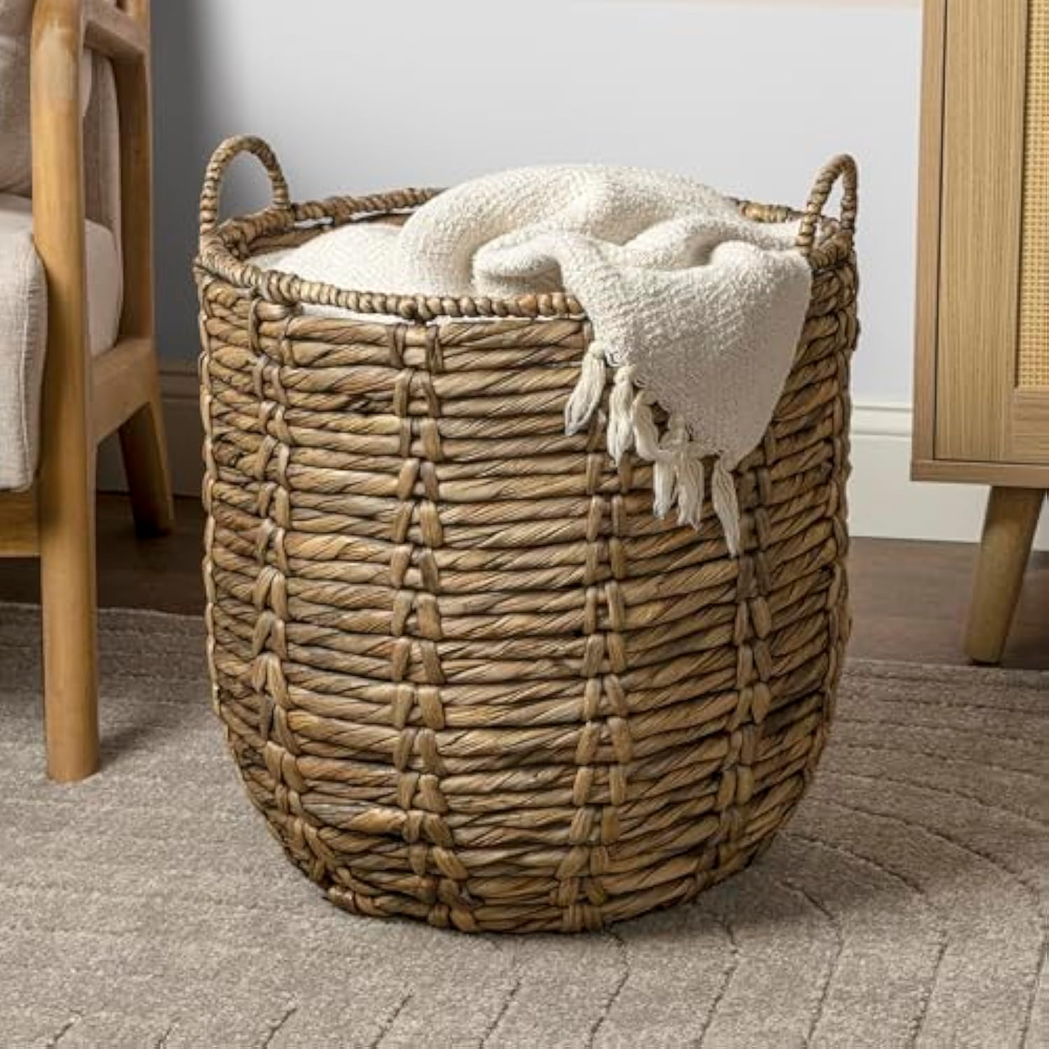 19.49 Inch Bohemian Handwoven Abaca Hamper Basket with Handles