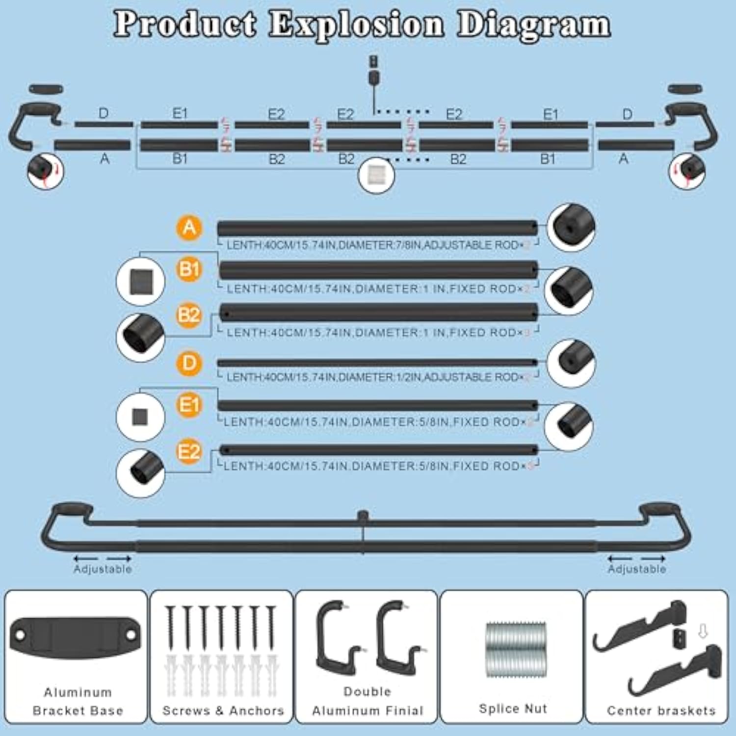 Internal Splicing 1'' Front and 5/8'' Back Adjustable Curtain Rod with Aluminum Finials and Brackets