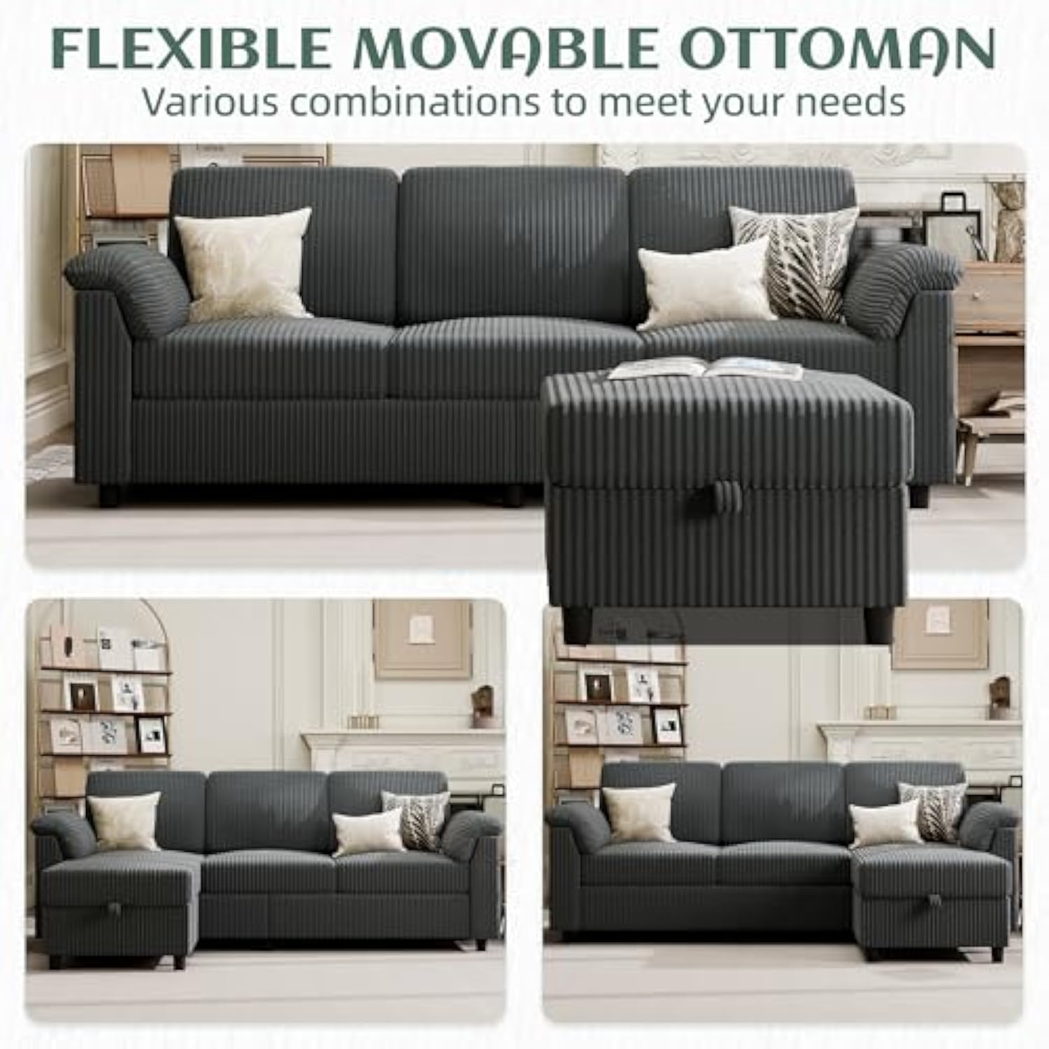 3 Seat L Shaped Convertible Sectional Sofa with Removable Pillows