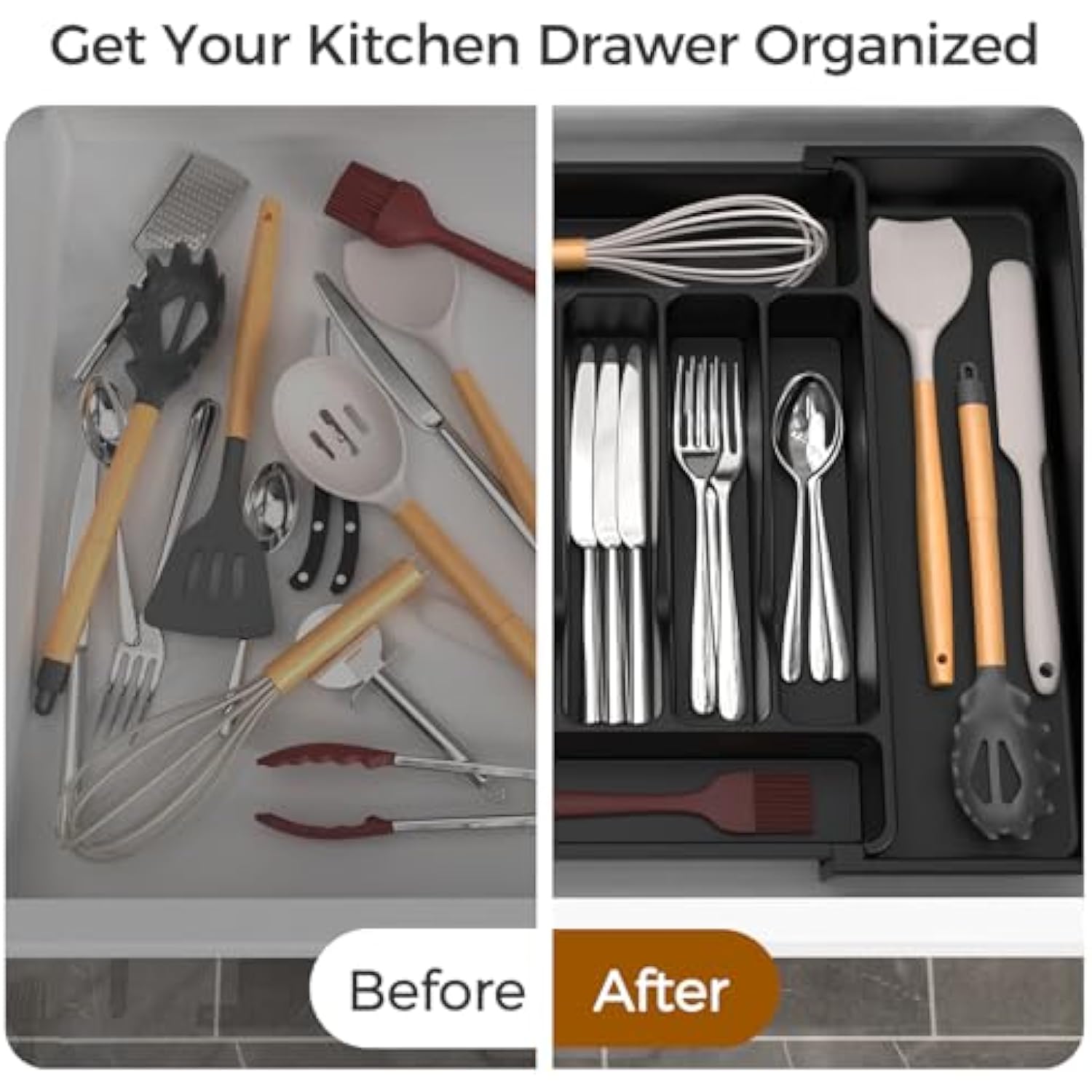 Adjustable Black Silverware Holder for Spoons Forks Knives