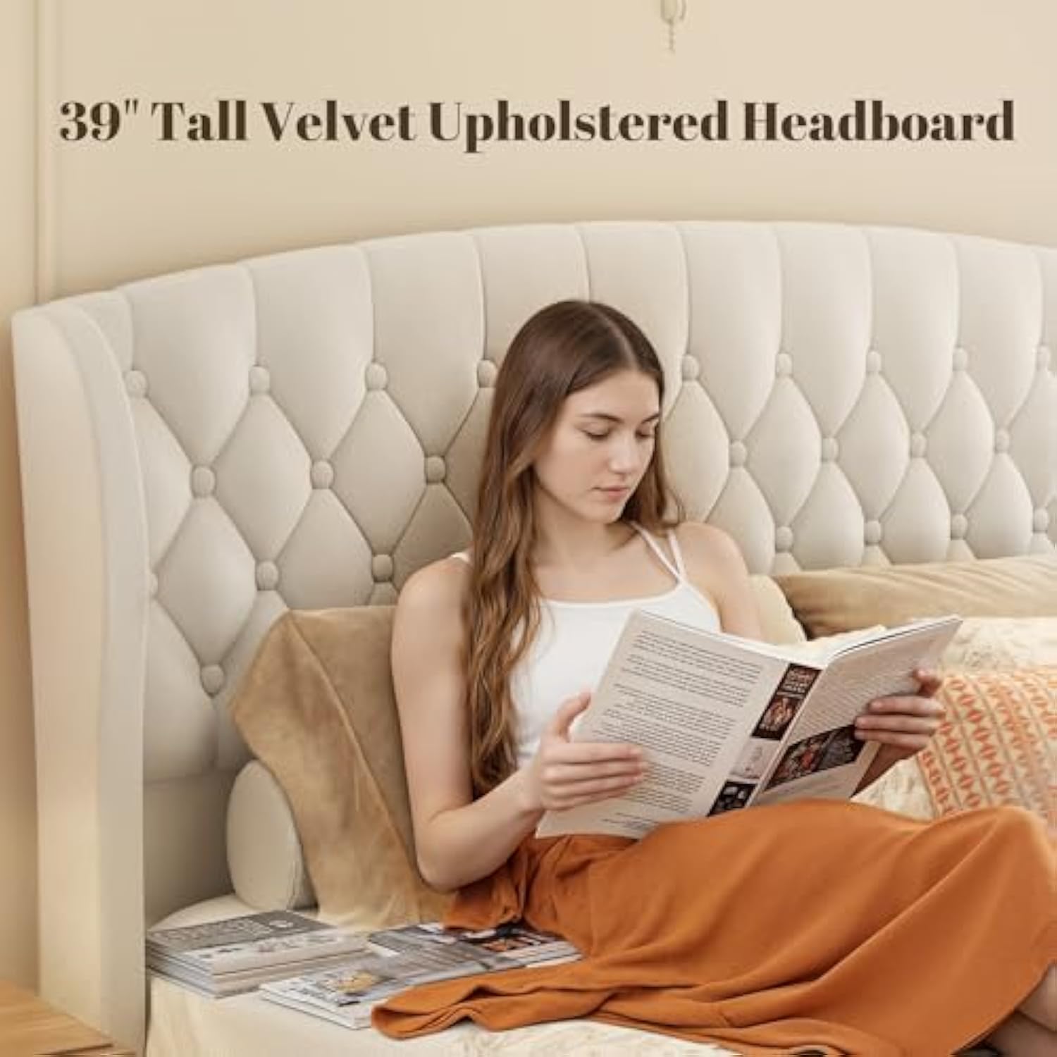 42 Inch Tall Velvet Upholstered Sleigh Bed with Wingback Headboard & Scroll Footboard