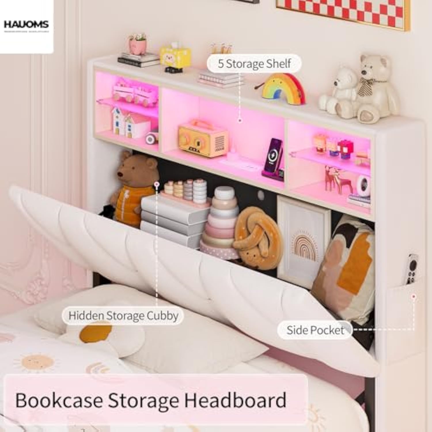 Twin Bed Creamy White LED Bed Frame with Storage Headboard