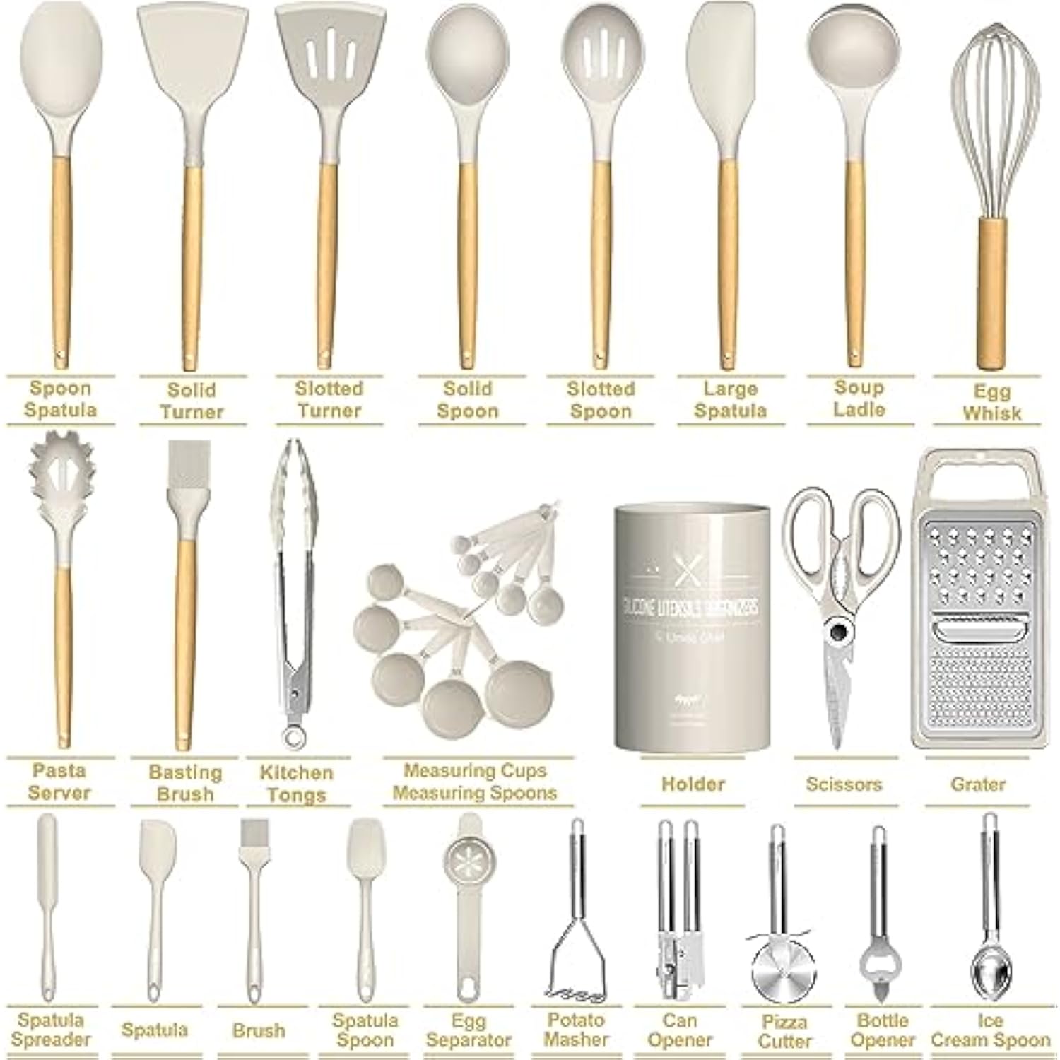 34PCS Heat Resistant Kitchen Gadgets and Tools With Grater, Wood Handles for Nonstick Cookware