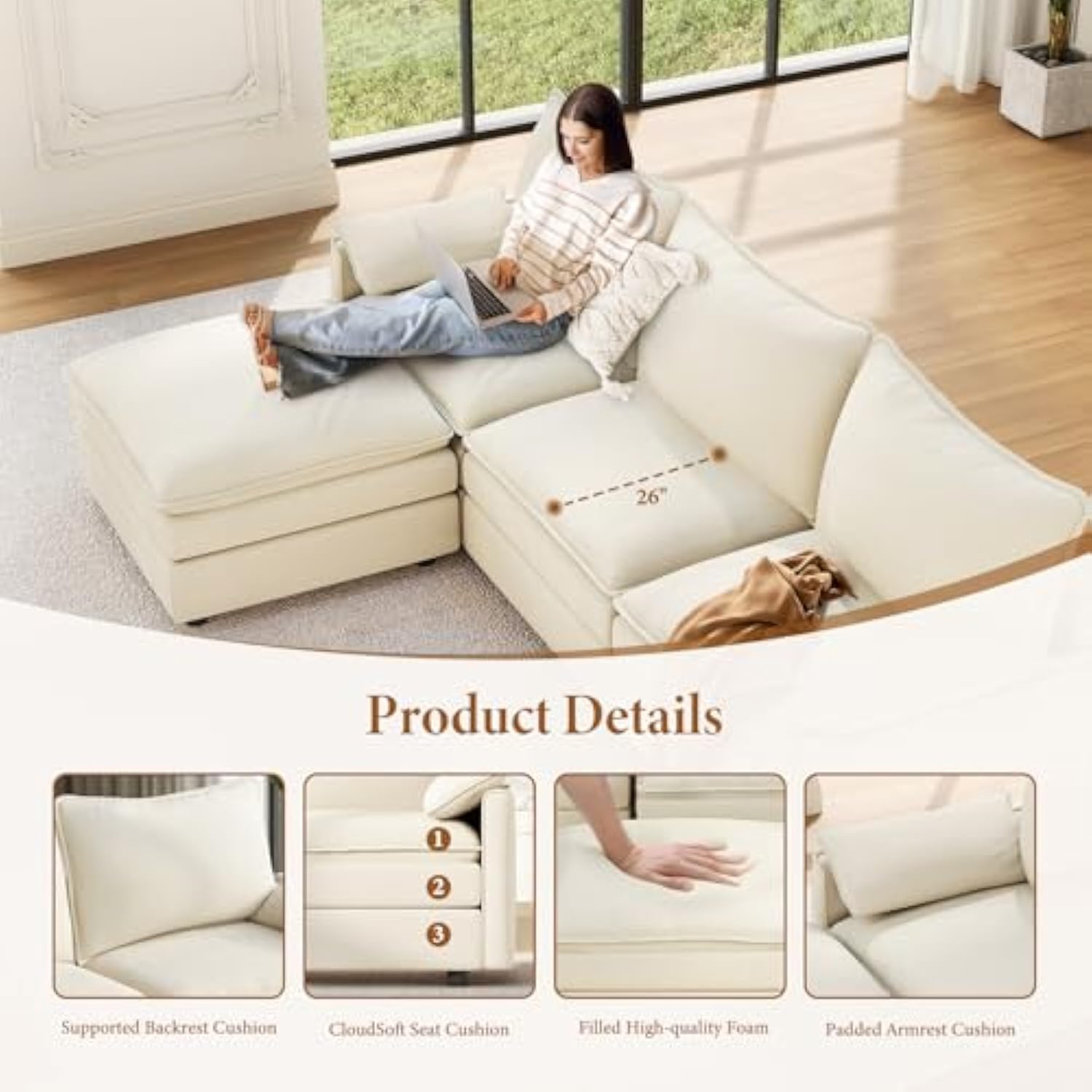 Comfy Cloud Modular Sectional Sofa with 2 Ottoman Deep Seat