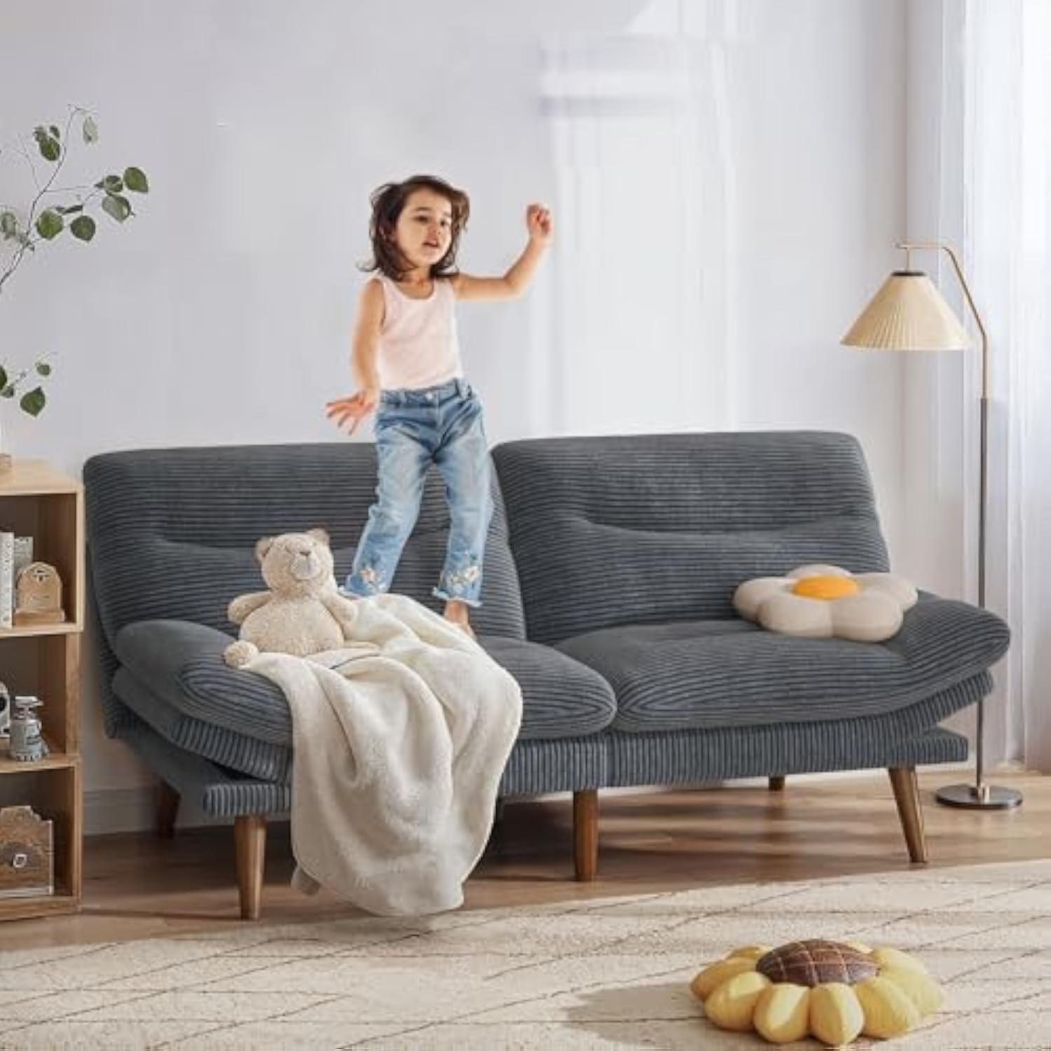 73 Inch Adjustable Backrest & Armrests Convertible Futon Grey Couch