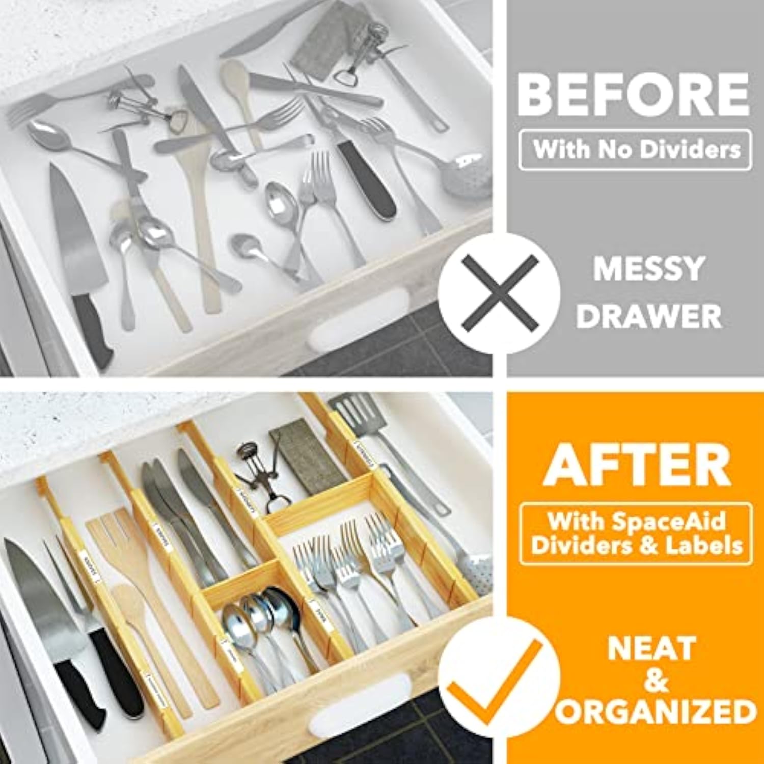 4 Dividers with 9 Inserts Bamboo Kitchen Adjustable Drawer Organizers