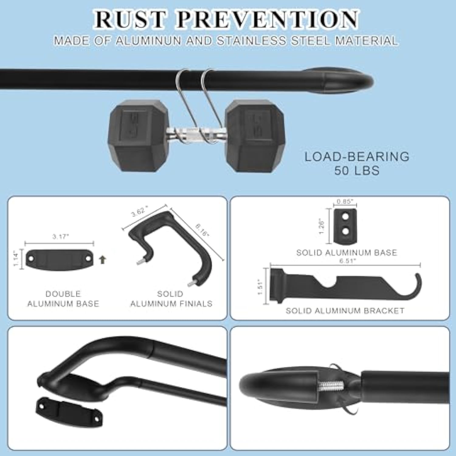 Internal Splicing 1'' Front and 5/8'' Back Adjustable Curtain Rod with Aluminum Finials and Brackets