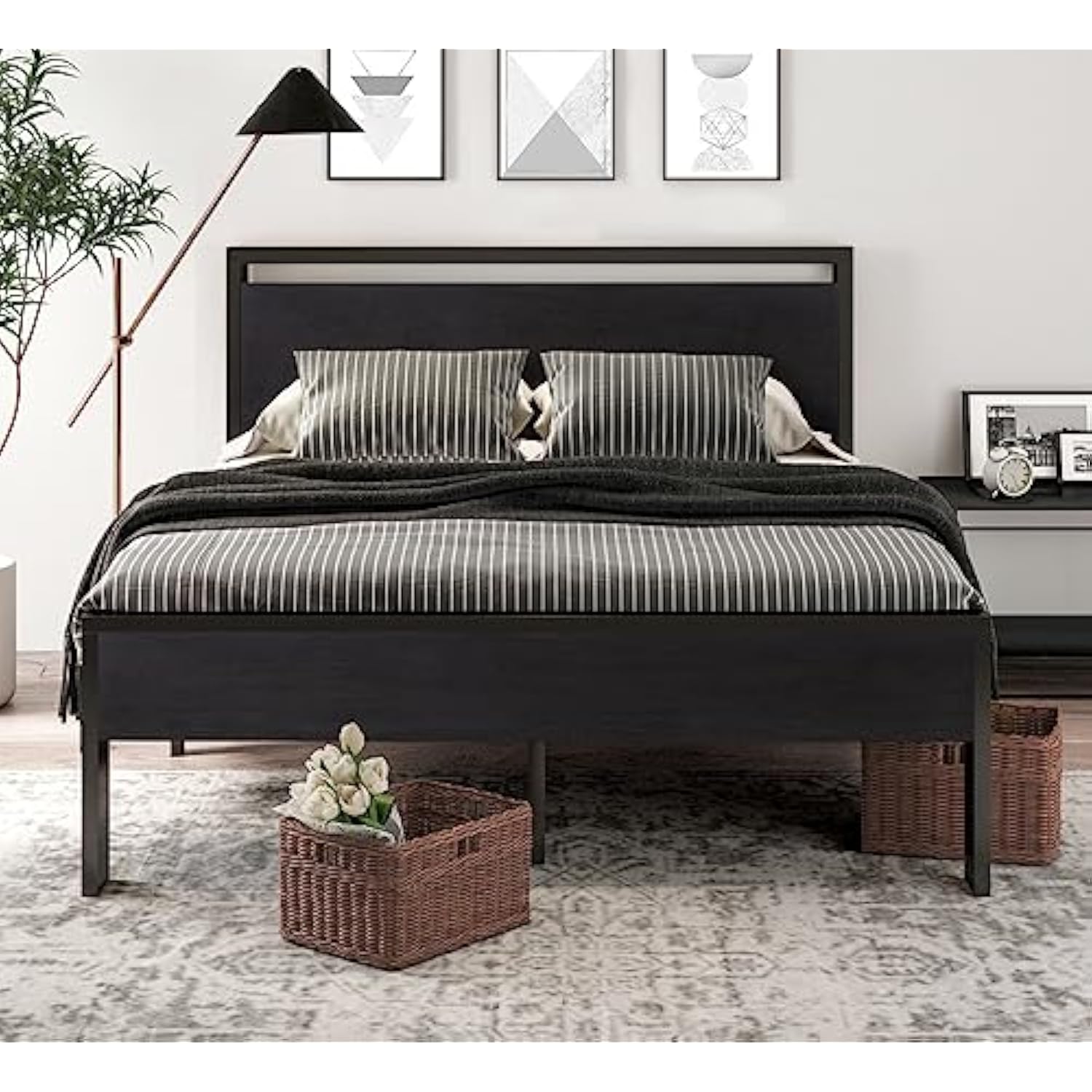 14 Inch Full Size Metal Platform Bed Frame with Wooden Headboard and Footboard