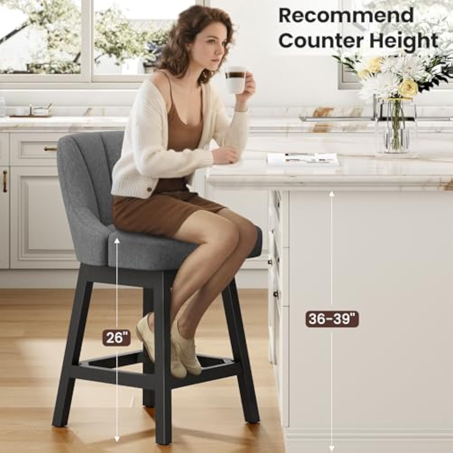 26 Inch Modern Kitchen Island Chairs with Back and Solid Wood Legs for Home Bar