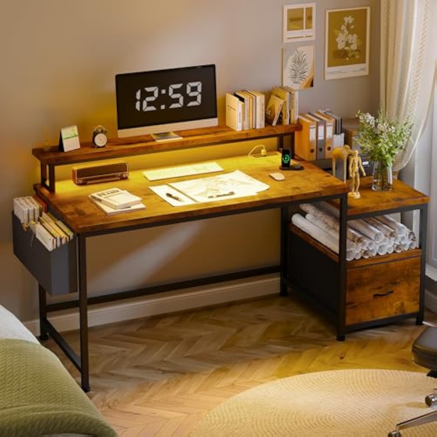 57 Inch Office Desk with Drawers and Printer Space