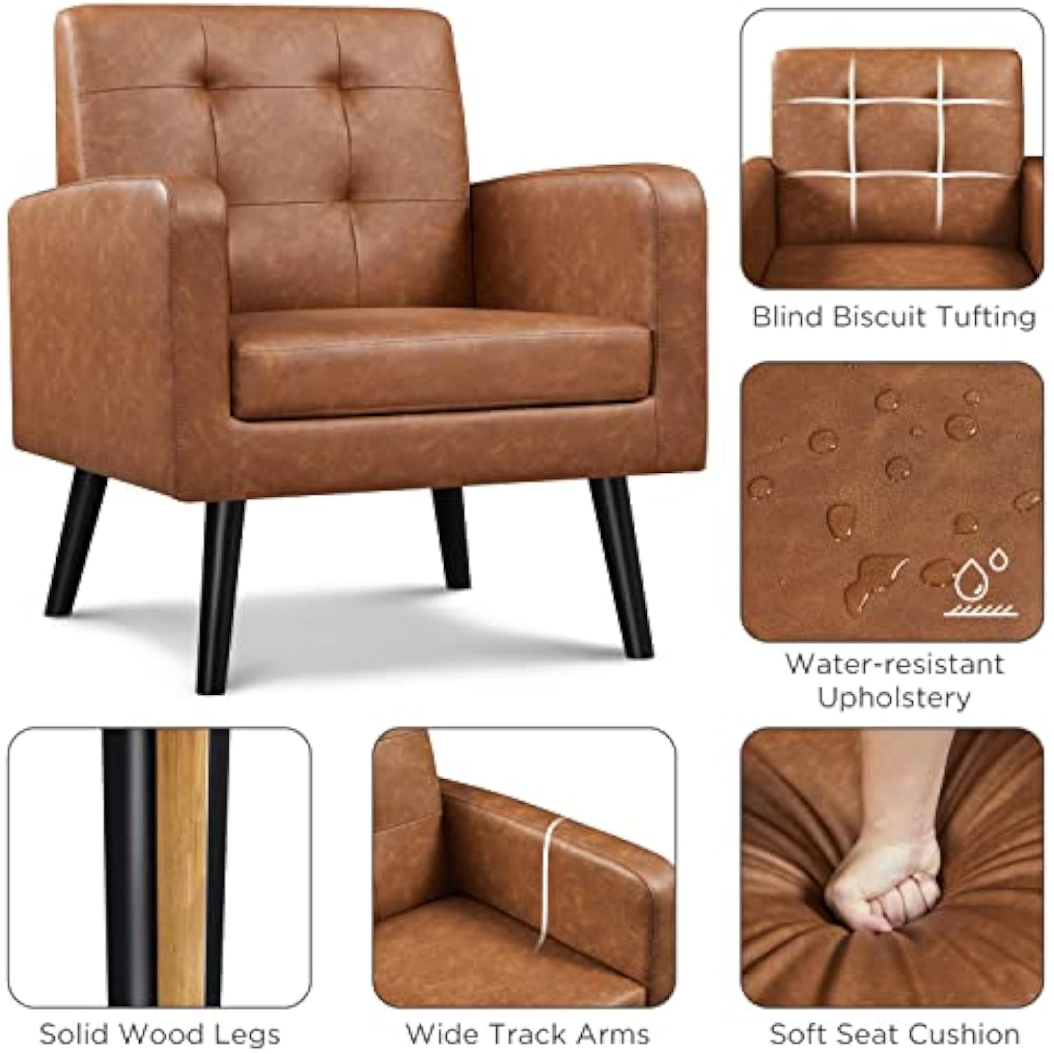 2 Pcs PU Leather Mid-Century Retro Brown Accent Chairs