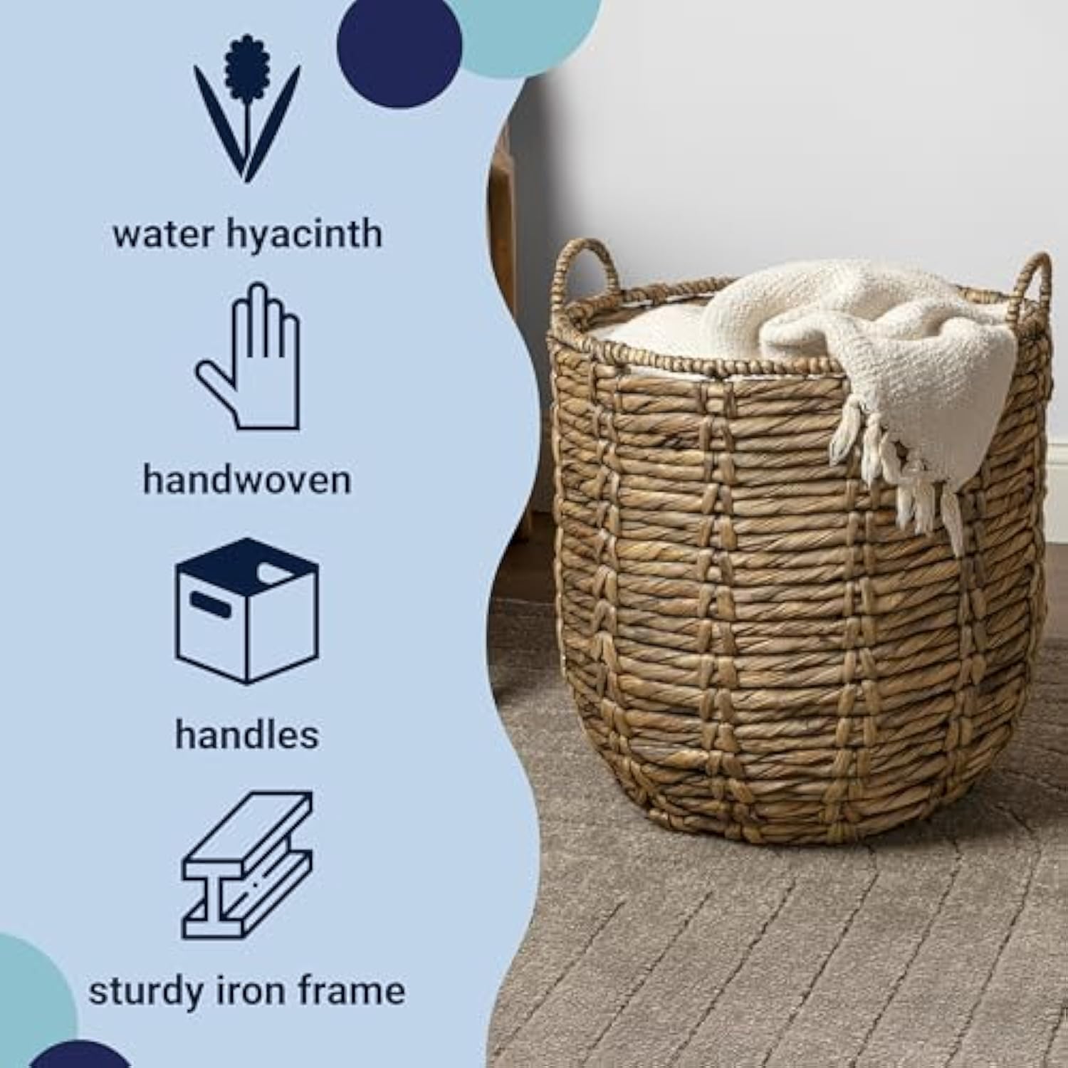 19.49 Inch Bohemian Handwoven Abaca Hamper Basket with Handles