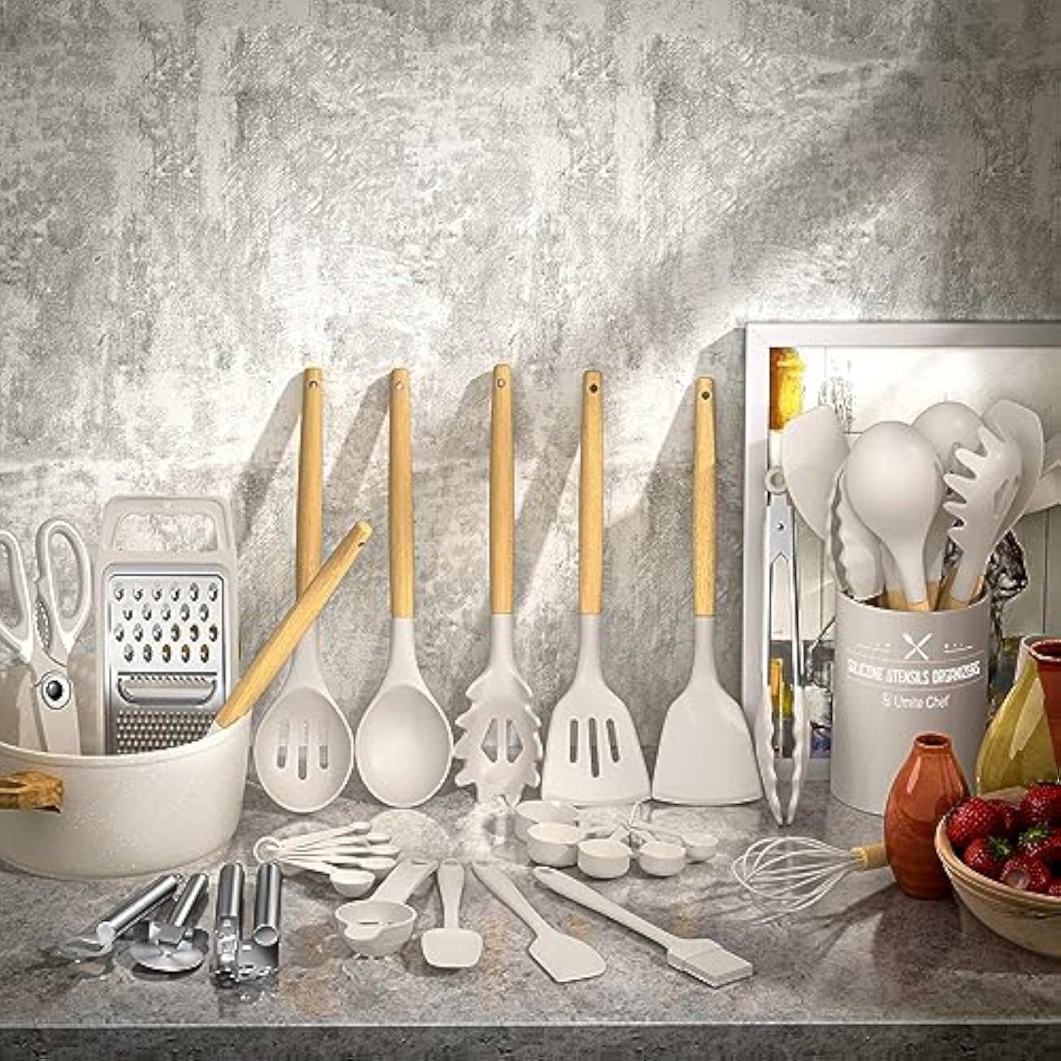 34PCS Heat Resistant Kitchen Gadgets and Tools With Grater, Wood Handles for Nonstick Cookware